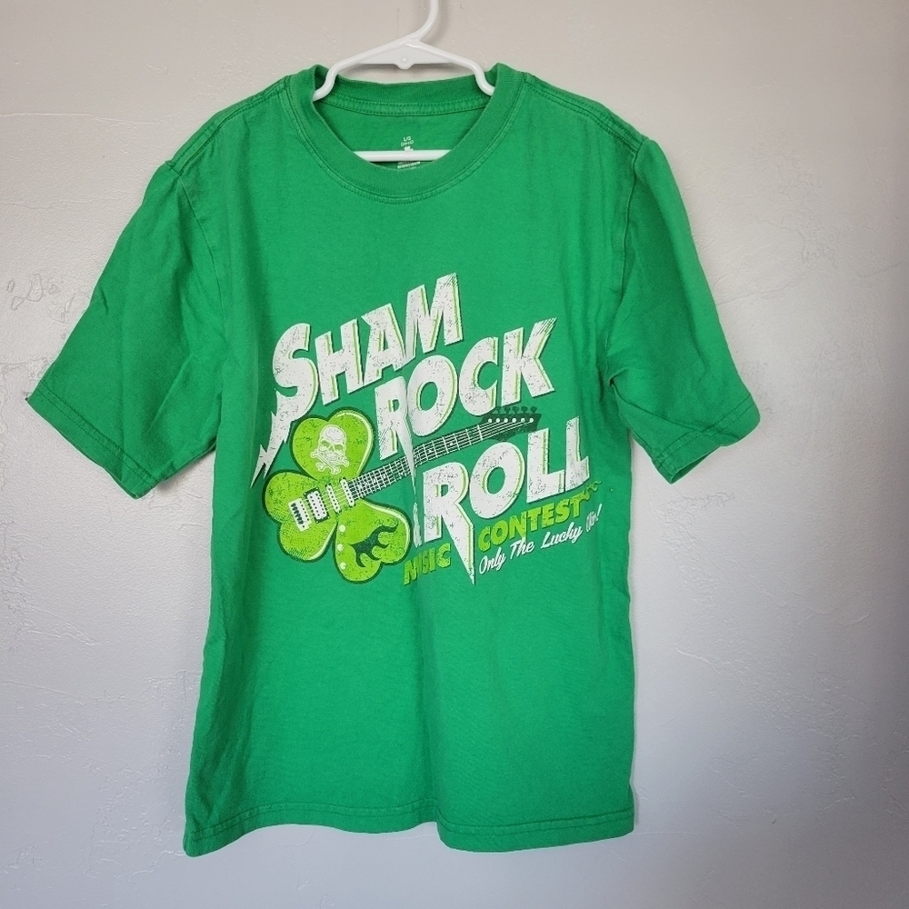 St. Patrick's Day T-shirt Green Short Sleeve Shirt Sham Rock & Roll Boys L 10 12